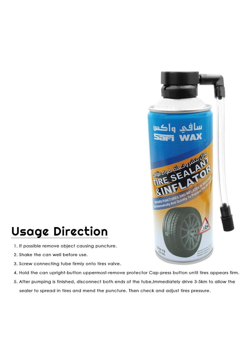 سافي واكس Safi Wax: مانع تسرب ومنفاخ للإطارات (450 مل) - رذاذ طوارئ لإصلاح الثقوب في إطارات السيارات والدراجات النارية والهوائية (بدون أنابيب داخلية)؛ يعمل على النفخ السريع وسد التسربات، لا يتطلب استخدام رافعة (جاك)، يصلح الثقوب حتى قطر 6 مم، طقم إصلاح إطارات محمول مخصص للاستخدام في حالات الطوارئ والمساعدة على الطريق. - Image 3