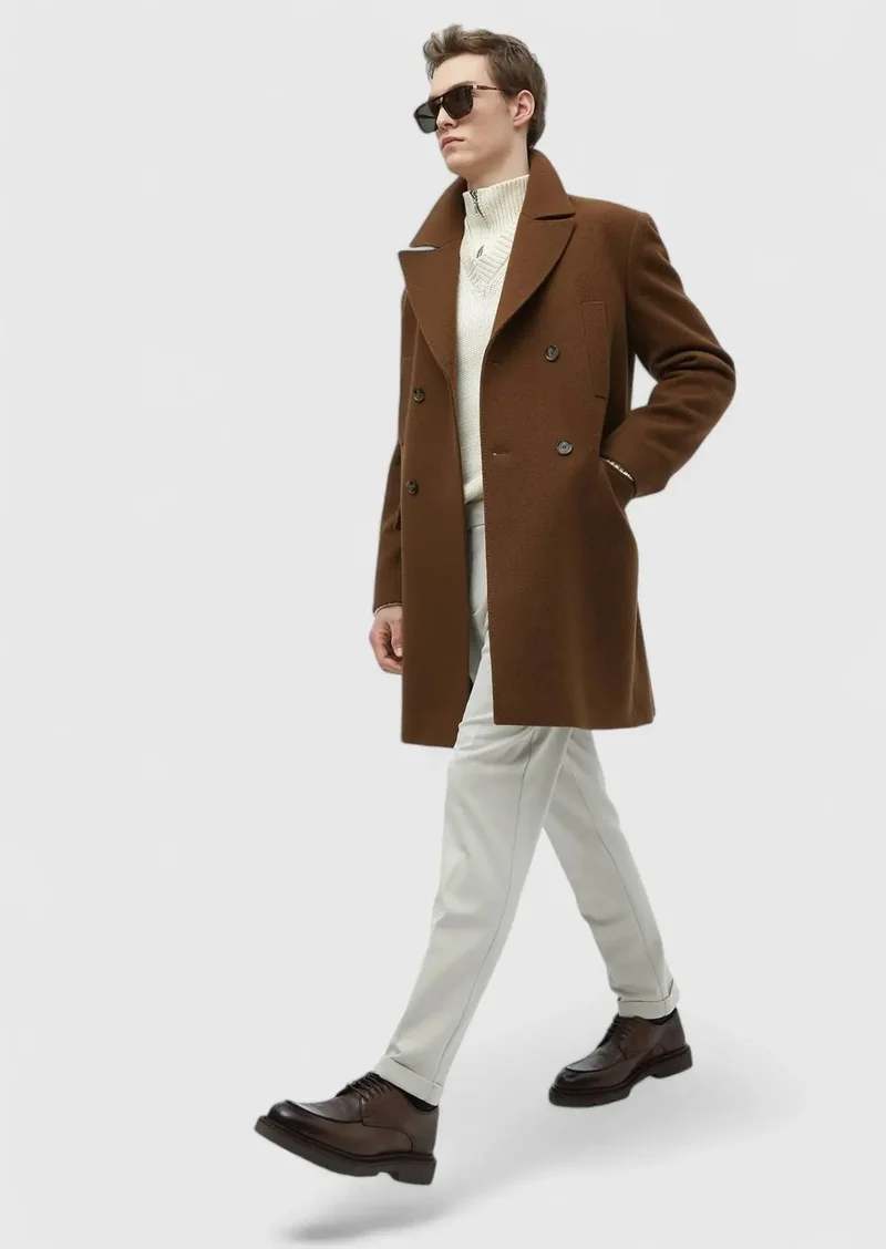 رامسي معطف منسوج كاجوال بقصة عادية وأزرار مزدوجة وياقة.