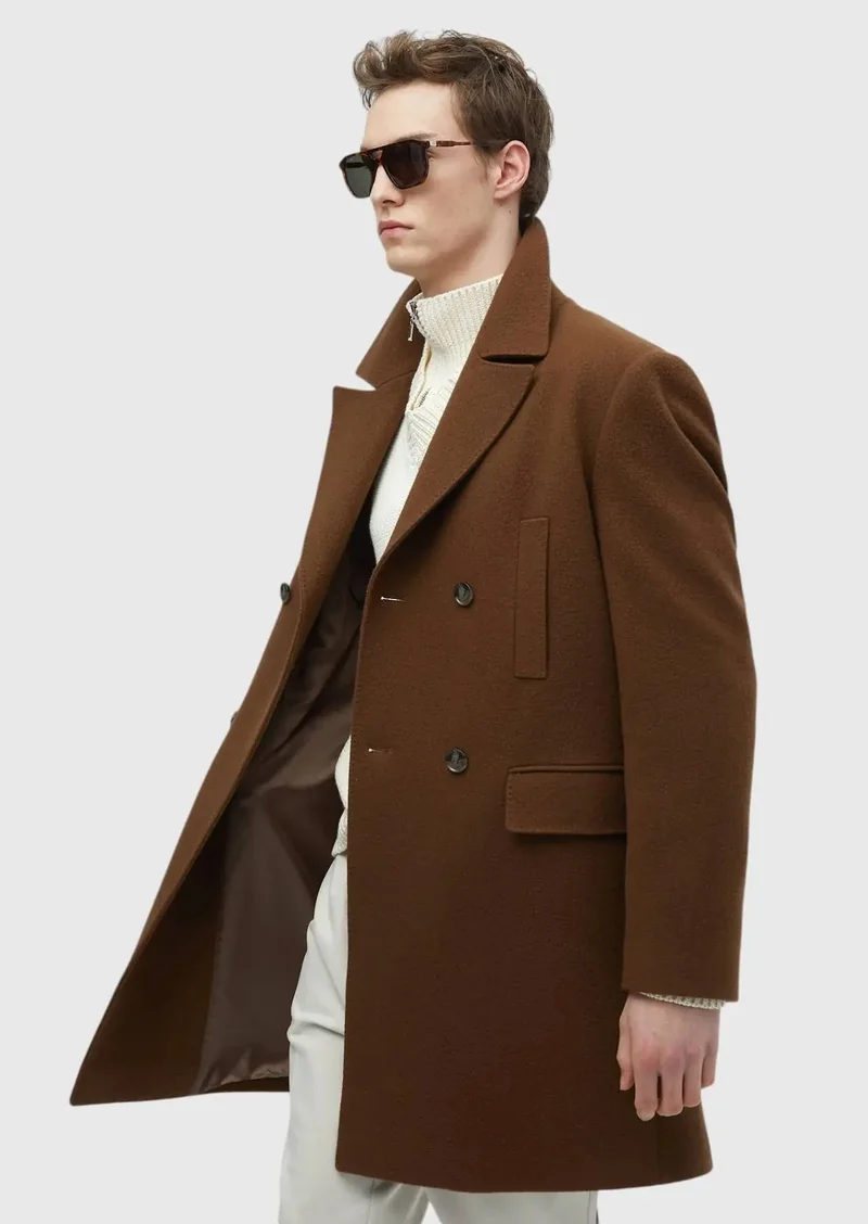 RAMSEY Buff Regular Fit Double Breasted Collar Casual Weaving Overcoat