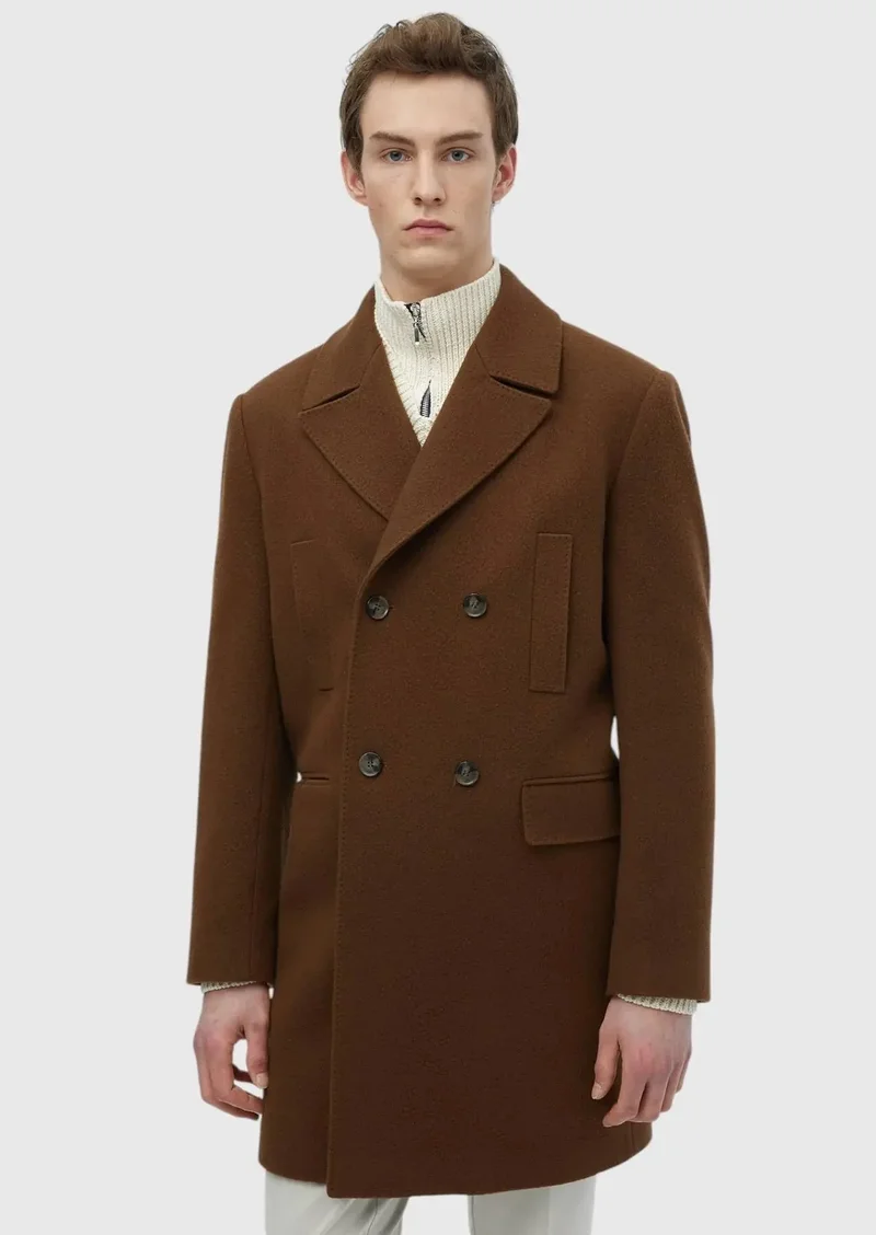 RAMSEY Buff Regular Fit Double Breasted Collar Casual Weaving Overcoat
