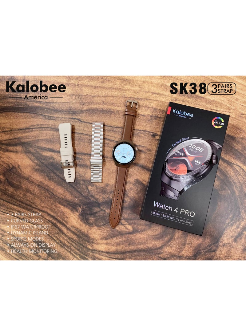 كالوبي ساعة ذكية 4 مع 3 أشرطة للساعة، ساعة ذكية SK38 شحن لاسلكي، شاشة AMOLED 1.5 بوصة، مراقبة معدل ضربات القلب، ساعة ذكية للمكالمات عبر البلوتوث للرجال - Image 4