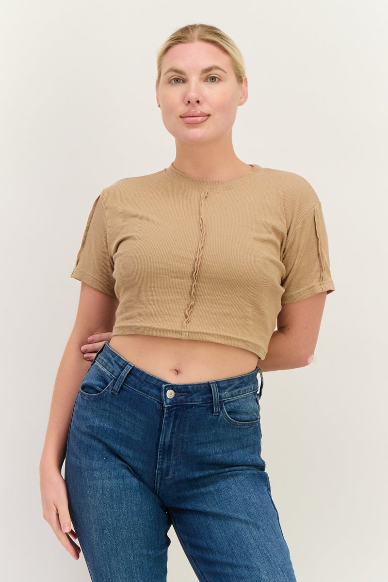 PUBLIC DESIRE Women Crew Neck Short Sleeves Ribbed Top, Brown - Image 1
