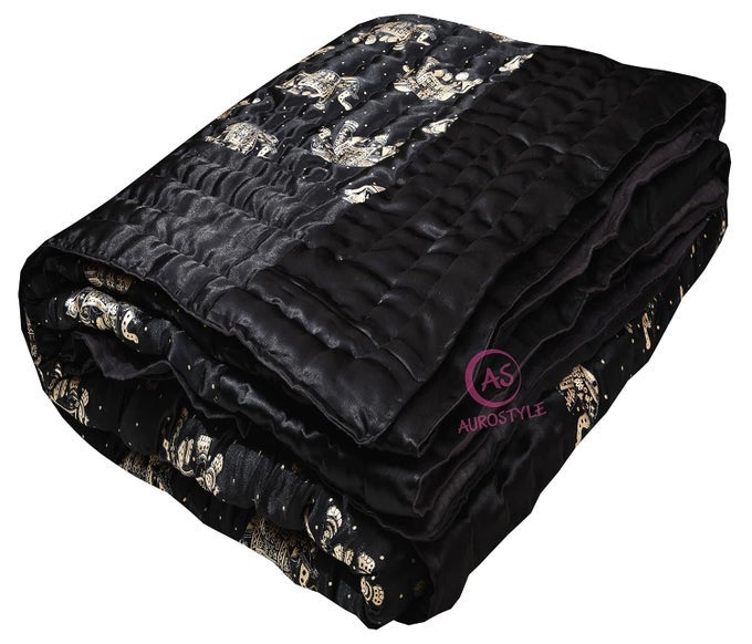 RAJASTHANI COTTON FILLED LIGHT WEIGHT SILK SOFT JAIPURI AC QUILT DOHAR OVER ALL FLORAL PRINT DESIGN BLANKETS FOR HOME 85X100 INCHBLACK ELEPHANT PRINT DOUBLE BED