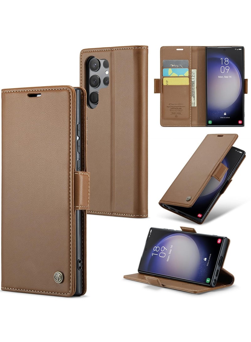 CaseMe Phone Case Luxury PU Leather Design Anti Fingerprint 023 Flip Cover Card Slot Holder Cover For Samsung Galaxy S24 Ultra (Brown) - Image 1