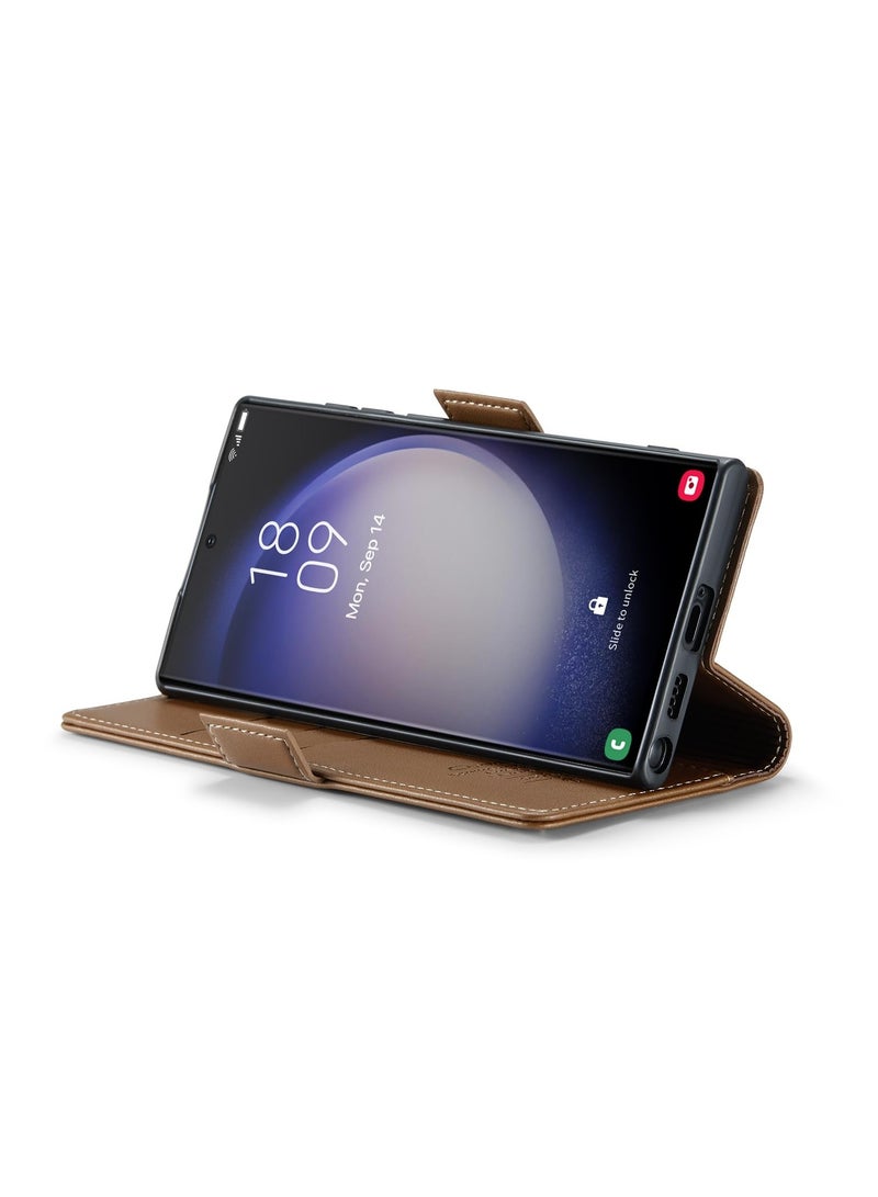 CaseMe Phone Case Luxury PU Leather Design Anti Fingerprint 023 Flip Cover Card Slot Holder Cover For Samsung Galaxy S24 Ultra (Brown) - Image 3