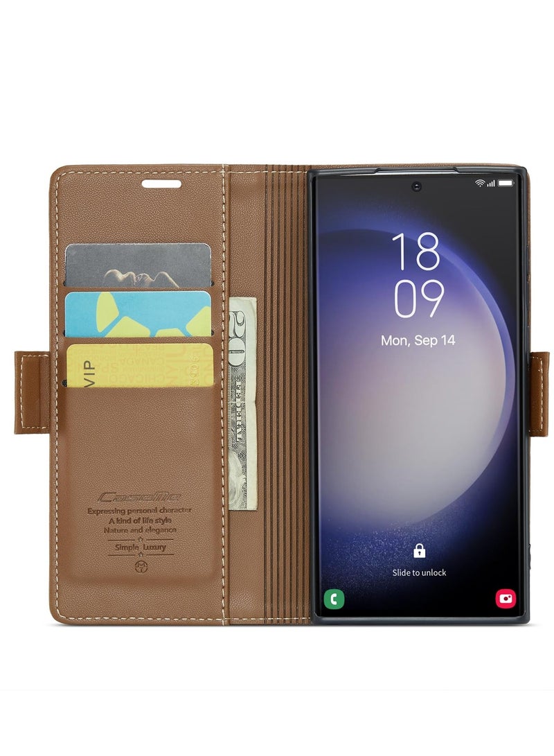 CaseMe Phone Case Luxury PU Leather Design Anti Fingerprint 023 Flip Cover Card Slot Holder Cover For Samsung Galaxy S24 Ultra (Brown) - Image 4