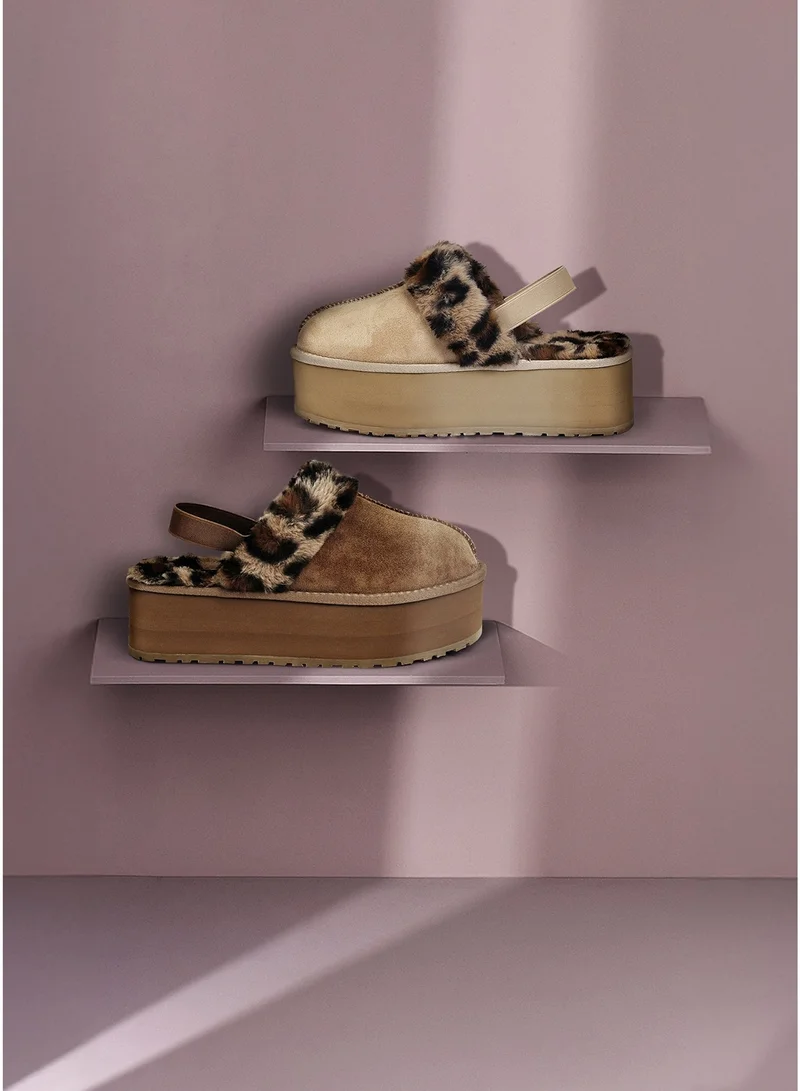 London Rag Leopard Faux Fur Platform Classic Slingback in Beige