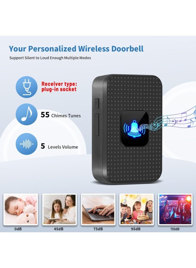 Noorly Wireless Doorbell, Door Chime with 55 Melodies, Battery-Powered House Bell with 400m Range, Waterproof Outdoor Transmitter, Flashing LED, 5 Volume Levels, Battery Operated Expandable Bell for Home Office, Black - Image 2