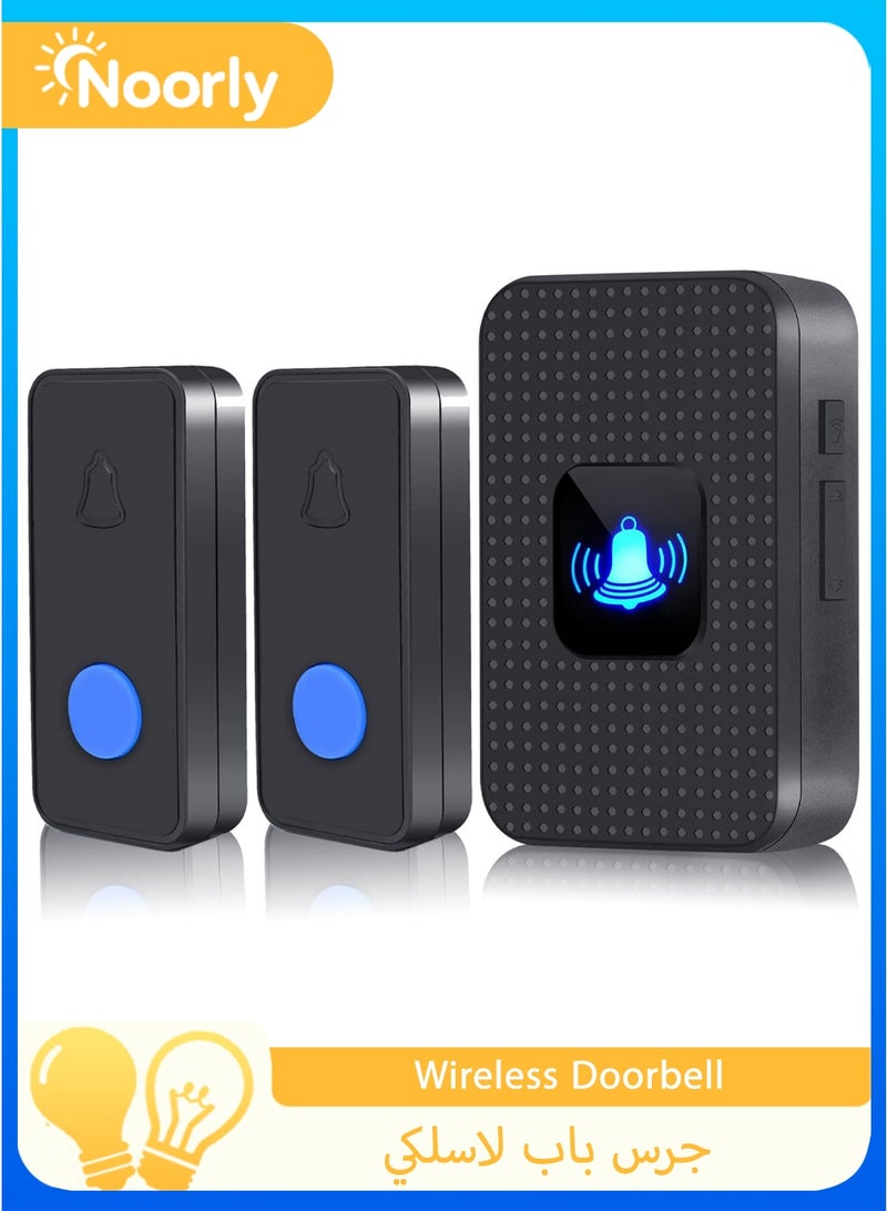 Noorly Wireless Doorbell, Door Chime with 55 Melodies, Battery-Powered House Bell with 400m Range, Waterproof Outdoor Transmitter, Flashing LED, 5 Volume Levels, Battery Operated Expandable Bell for Home Office, Black - Image 1