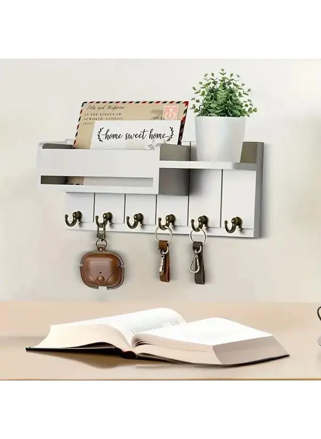 White Wall Mounted Key Holder With 6 Hooks Mail Organizer Easy Install No Drill - Image 1
