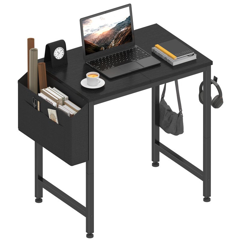 Lufeiya Small Desk for Small Spaces, 24 Inch Kids Girls Study Writing Mini Desks for Bedroom, Simple Modern Laptop PC Little Side Table with Storage Bag Headphone Hooks, Black - Image 1
