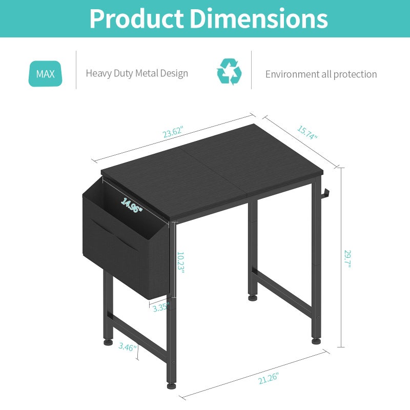 Lufeiya Small Desk for Small Spaces, 24 Inch Kids Girls Study Writing Mini Desks for Bedroom, Simple Modern Laptop PC Little Side Table with Storage Bag Headphone Hooks, Black - Image 3