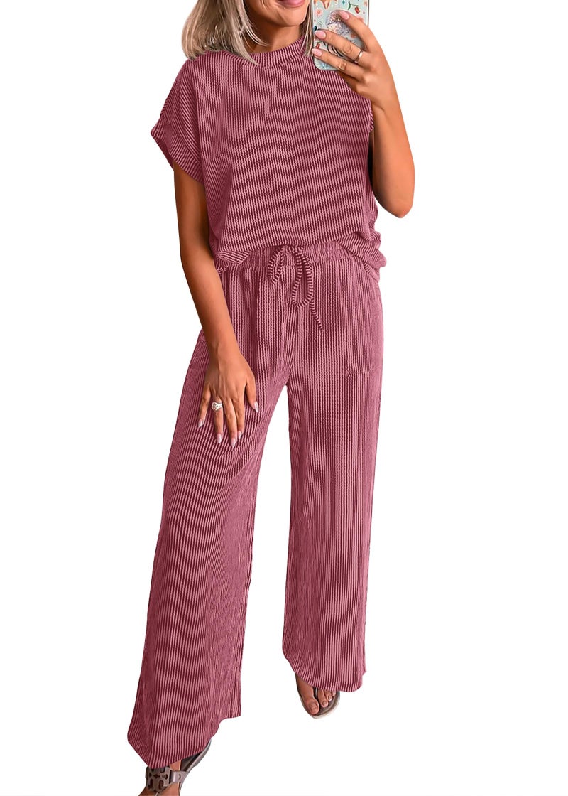 KIRUNDO 2 Piece Sets for Women Dressy Casual Ribbed Knit Short Sleeve Tops Wide Leg Pants Lounge Set Travel Airport Outfits(Purple Red, Large) - Image 1