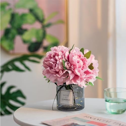 BLOSMON Pink Artificial Flowers in Vase: Fake Peony with Gray Vase LED Light for Table Centerpieces Decor - Small Faux Arrangements Desk Vanity Bathroom Office Decoration (8.2" Height) - Image 4