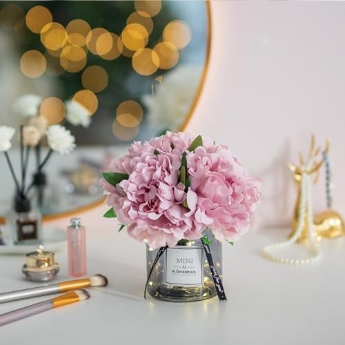 BLOSMON Pink Artificial Flowers in Vase: Fake Peony with Gray Vase LED Light for Table Centerpieces Decor - Small Faux Arrangements Desk Vanity Bathroom Office Decoration (8.2" Height) - Image 5