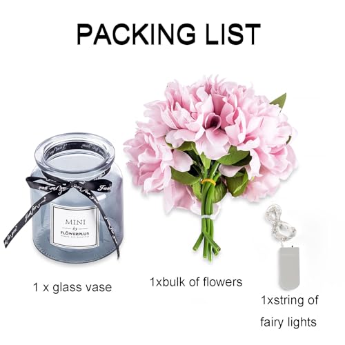 BLOSMON Pink Artificial Flowers in Vase: Fake Peony with Gray Vase LED Light for Table Centerpieces Decor - Small Faux Arrangements Desk Vanity Bathroom Office Decoration (8.2" Height) - Image 2