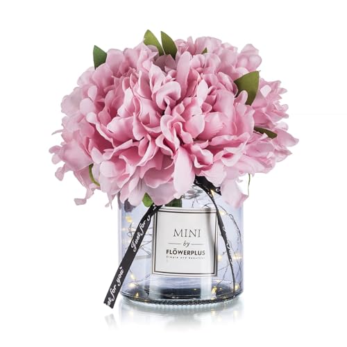BLOSMON Pink Artificial Flowers in Vase: Fake Peony with Gray Vase LED Light for Table Centerpieces Decor - Small Faux Arrangements Desk Vanity Bathroom Office Decoration (8.2" Height) - Image 1
