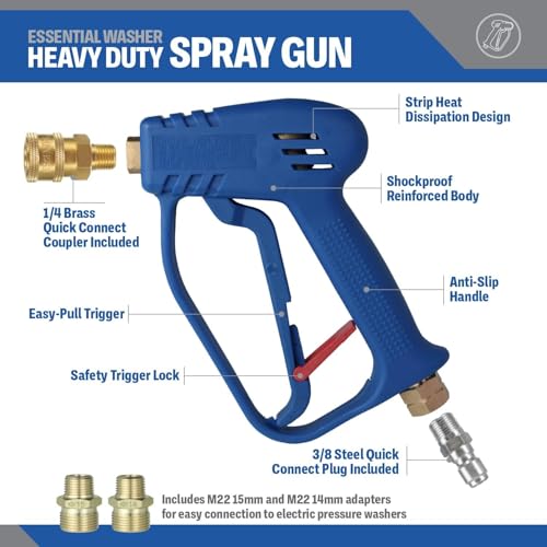 Essential Washer Short Pressure Washer Gun with Brass Quick Connect & M22 Adaptors Compatible with Foam Cannon | High Pressure Water 4000 PSI - Image 2