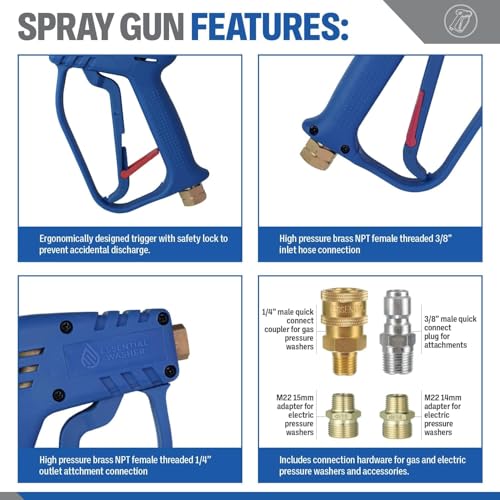 Essential Washer Short Pressure Washer Gun with Brass Quick Connect & M22 Adaptors Compatible with Foam Cannon | High Pressure Water 4000 PSI - Image 3