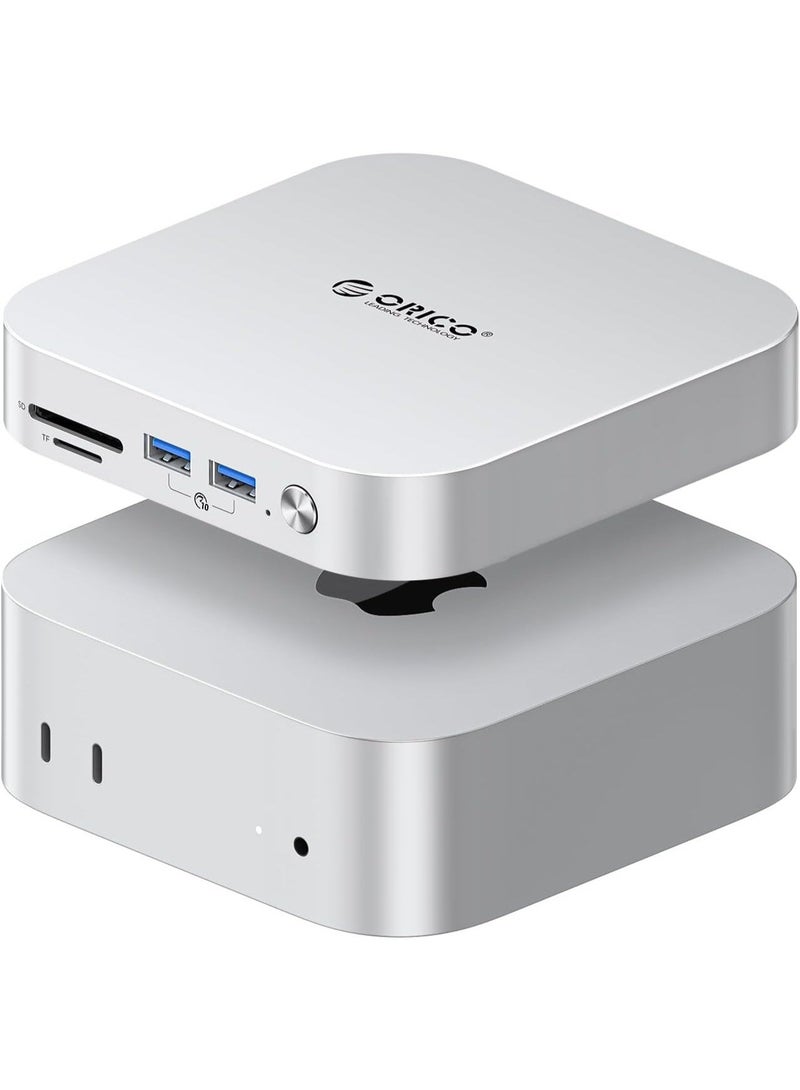 أوريكو قاعدة وحامل ORICO MiniLink لجهاز Mac mini M4، موزع USB-C من الألومنيوم مع غلاف SSD من نوع M.2 NVMe/SATA، منفذي USB 3.2 بسرعة 10 جيجابت في الثانية، منفذ SD/TF 3.0، قاعدة فضية اللون لجهاز Mac Mini M4/M4 Pro- M49P - Image 1