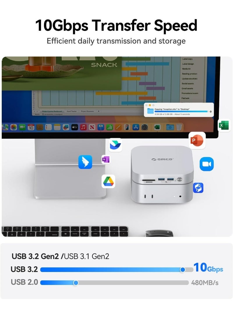 أوريكو قاعدة وحامل ORICO MiniLink لجهاز Mac mini M4، موزع USB-C من الألومنيوم مع غلاف SSD من نوع M.2 NVMe/SATA، منفذي USB 3.2 بسرعة 10 جيجابت في الثانية، منفذ SD/TF 3.0، قاعدة فضية اللون لجهاز Mac Mini M4/M4 Pro- M49P - Image 3