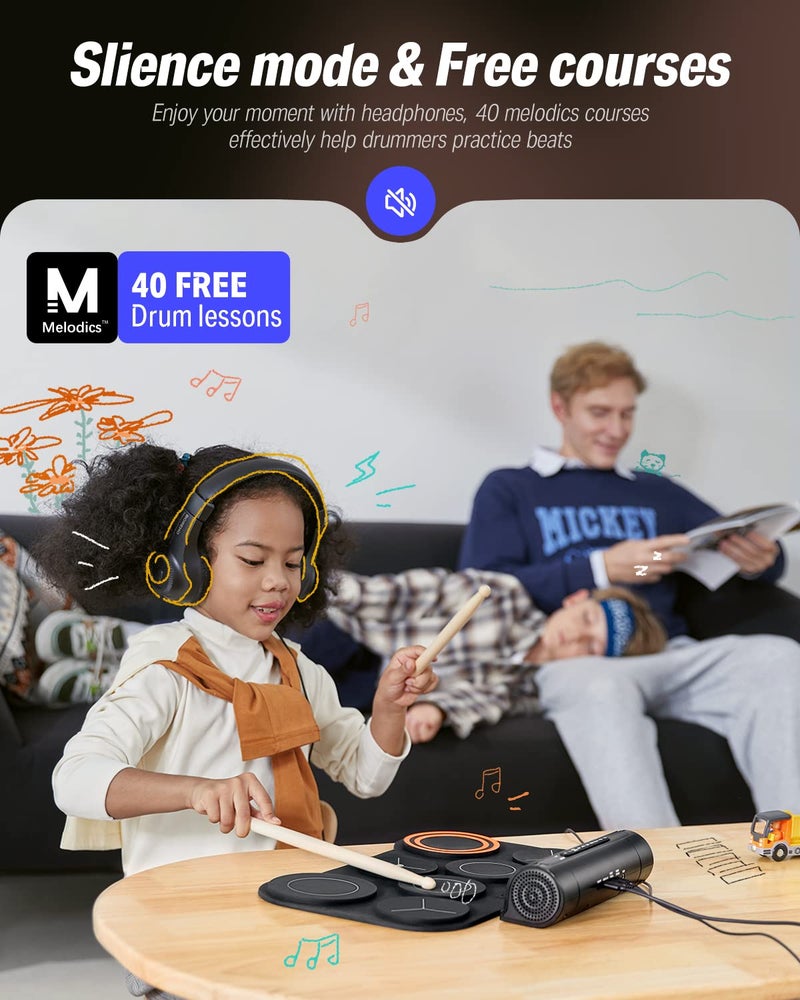 Donner Electronic Drum Set, 7 Pads Electric Drum Pad Roll Up Quiet Drum Pad Built-in Speaker, 40 Drum Lessons Included, Kids Holiday Christmas & Birthday Gift Instrument Toys(DED-20) - Image 3