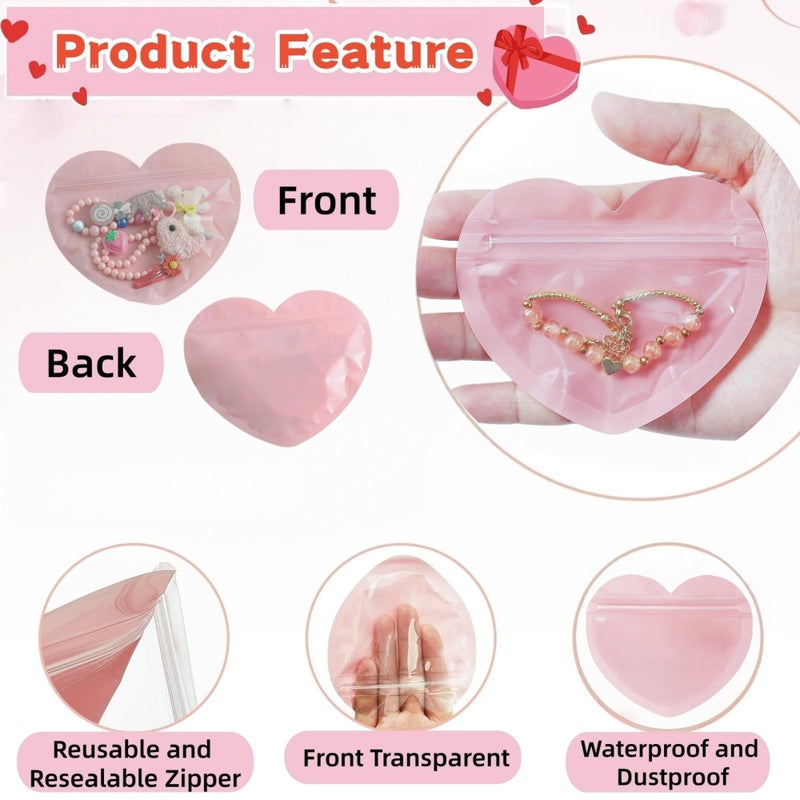 MITOB 100 Pack 3.35 x 3.94 inch Small Packets Pink Heart Shaped Transparent Reusable Resealable Bags Cute Jewelry Packaging for Homemade Earring Bracelets Candy Snack Party Favor Wedding Goodies - Image 3