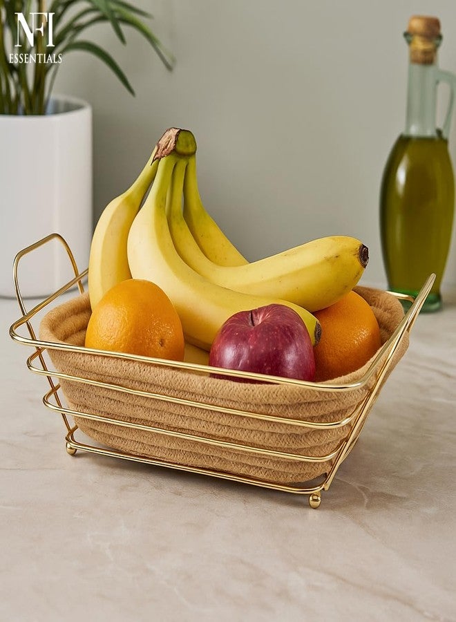 أساسيات المواد غير الغذائية سلة فواكه مزخرفة مصنوعة يدويًا من NFI Essentials، بإطار معدني ذهبي وقاعدة من الجوت المنسوج، سلة تقديم خبز، منظم تخزين أنيق للمنزل والمطبخ وطاولة الطعام، ديكور - Image 2