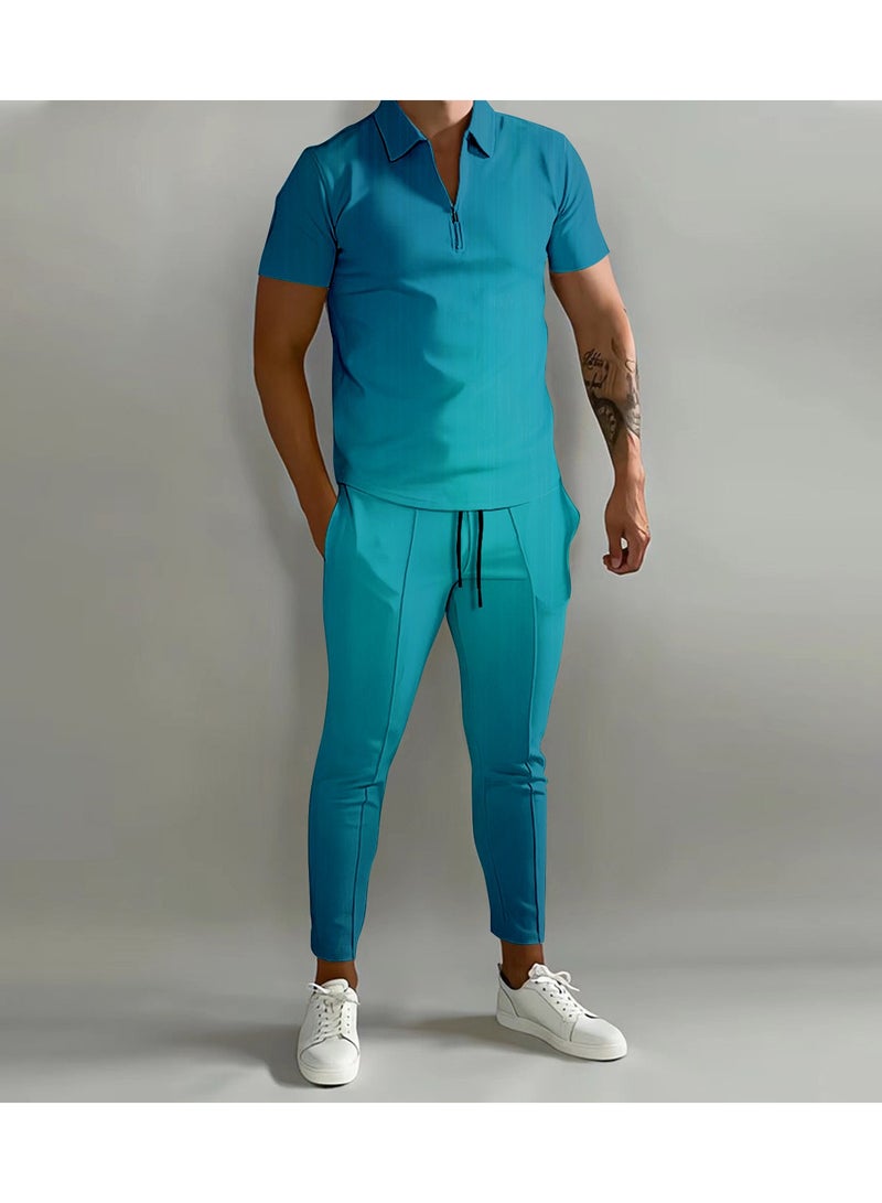 KUYING New Men's 3D Printed Gradient Short Sleeved Polo Pants Casual Two-Piece Set 