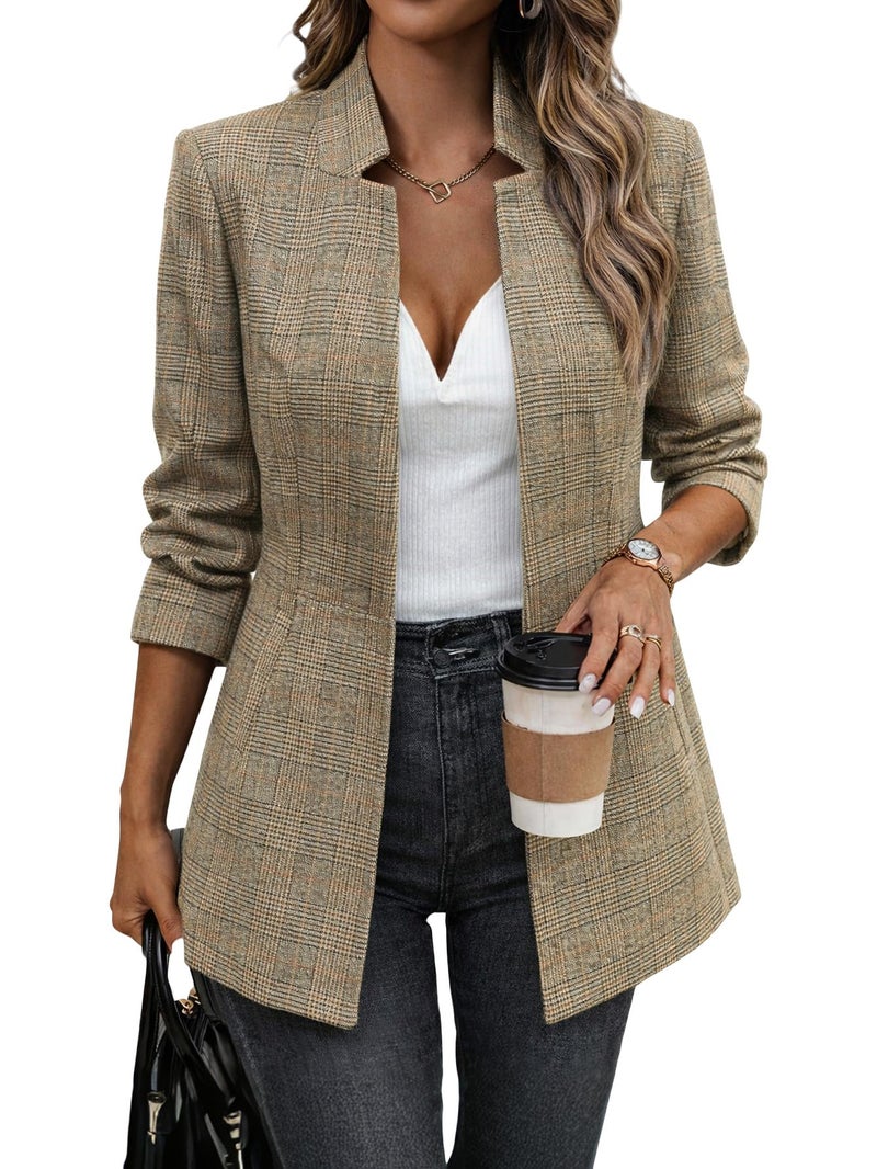 Mina Self Plaid Blazer Jackets for Women 2025 Fall Winter Women's Brown Houndstooth Ladies Fitted Suit Lightweight Business Womens Blazers for Work Professional - Image 1