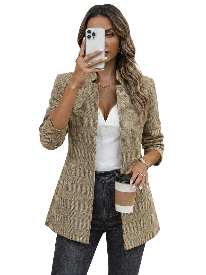 Mina Self Plaid Blazer Jackets for Women 2025 Fall Winter Women's Brown Houndstooth Ladies Fitted Suit Lightweight Business Womens Blazers for Work Professional - Image 2