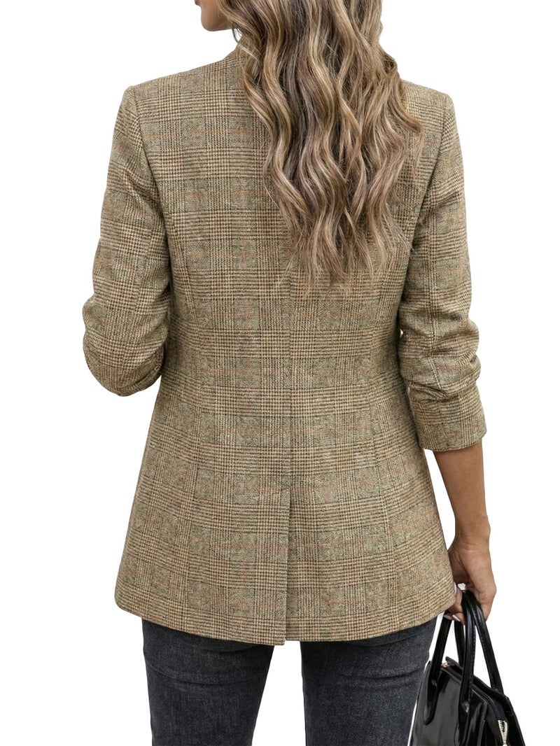 Mina Self Plaid Blazer Jackets for Women 2025 Fall Winter Women's Brown Houndstooth Ladies Fitted Suit Lightweight Business Womens Blazers for Work Professional - Image 3
