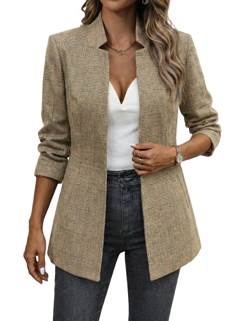 Mina Self Plaid Blazer Jackets for Women 2025 Fall Winter Women's Brown Houndstooth Ladies Fitted Suit Lightweight Business Womens Blazers for Work Professional - Image 4