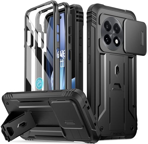 Poetic Revolution Case for OnePlus 13R 5G, [Slide Camera Cover], Built-in Screen Protector [Work with Fingerprint ID], [2 Front Frame] Full Body Rugged Shockproof Case with Kickstand, Black - Image 1