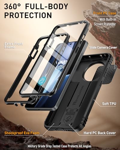 Poetic Revolution Case for OnePlus 13R 5G, [Slide Camera Cover], Built-in Screen Protector [Work with Fingerprint ID], [2 Front Frame] Full Body Rugged Shockproof Case with Kickstand, Black - Image 3