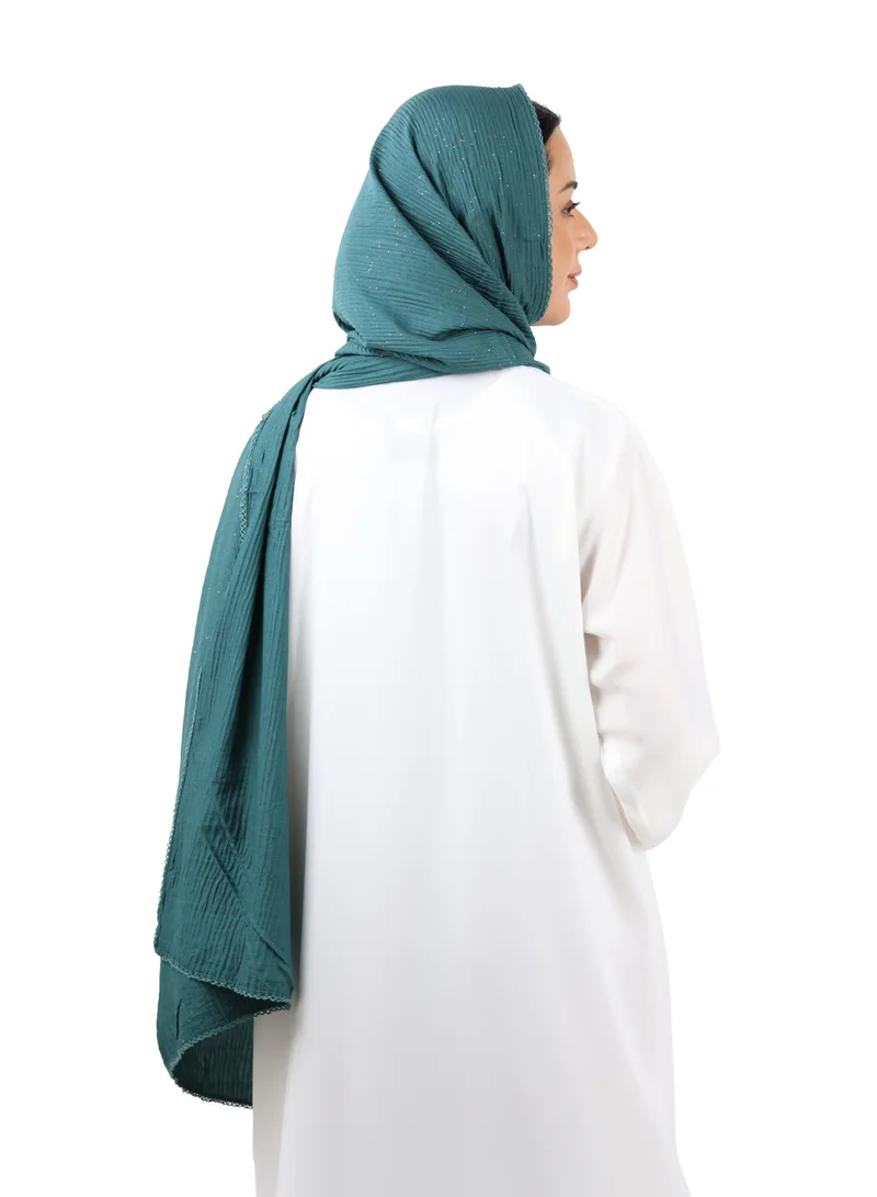 Jameela  Crinkle Cotton Mix Scarf with Lace Trim & Shimmer (Deep Teal) for Women | Best Price UAE