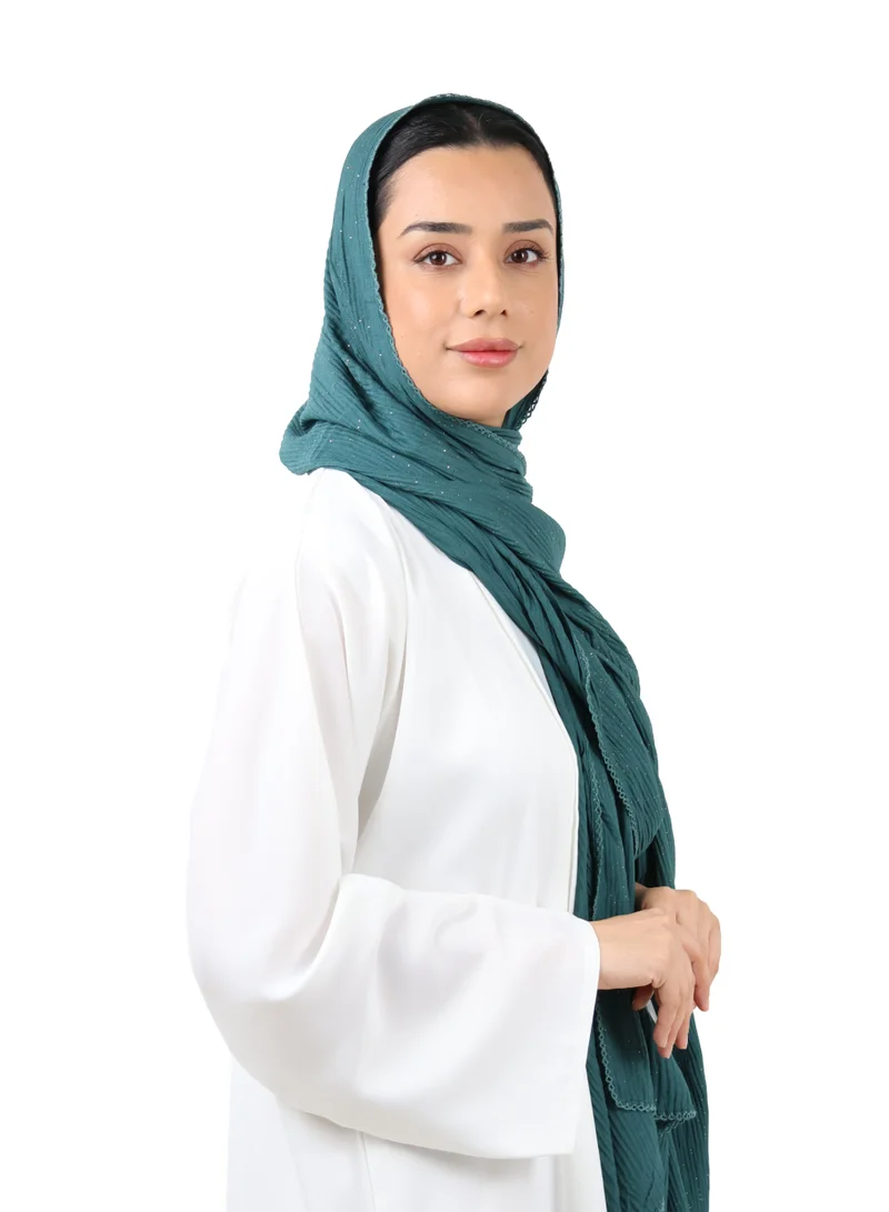 Jameela  Crinkle Cotton Mix Scarf with Lace Trim & Shimmer (Deep Teal) for Women | Best Price UAE