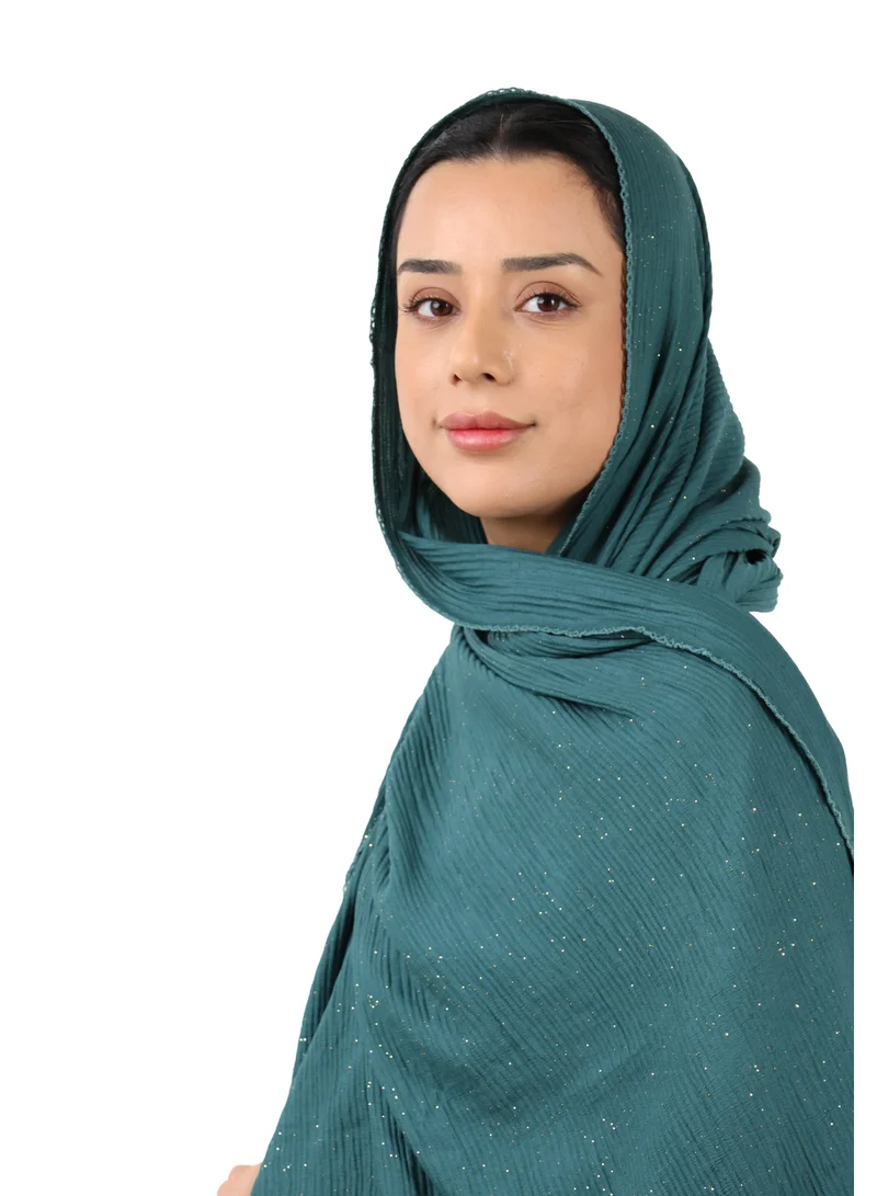 Jameela  Crinkle Cotton Mix Scarf with Lace Trim & Shimmer (Deep Teal) for Women | Best Price UAE