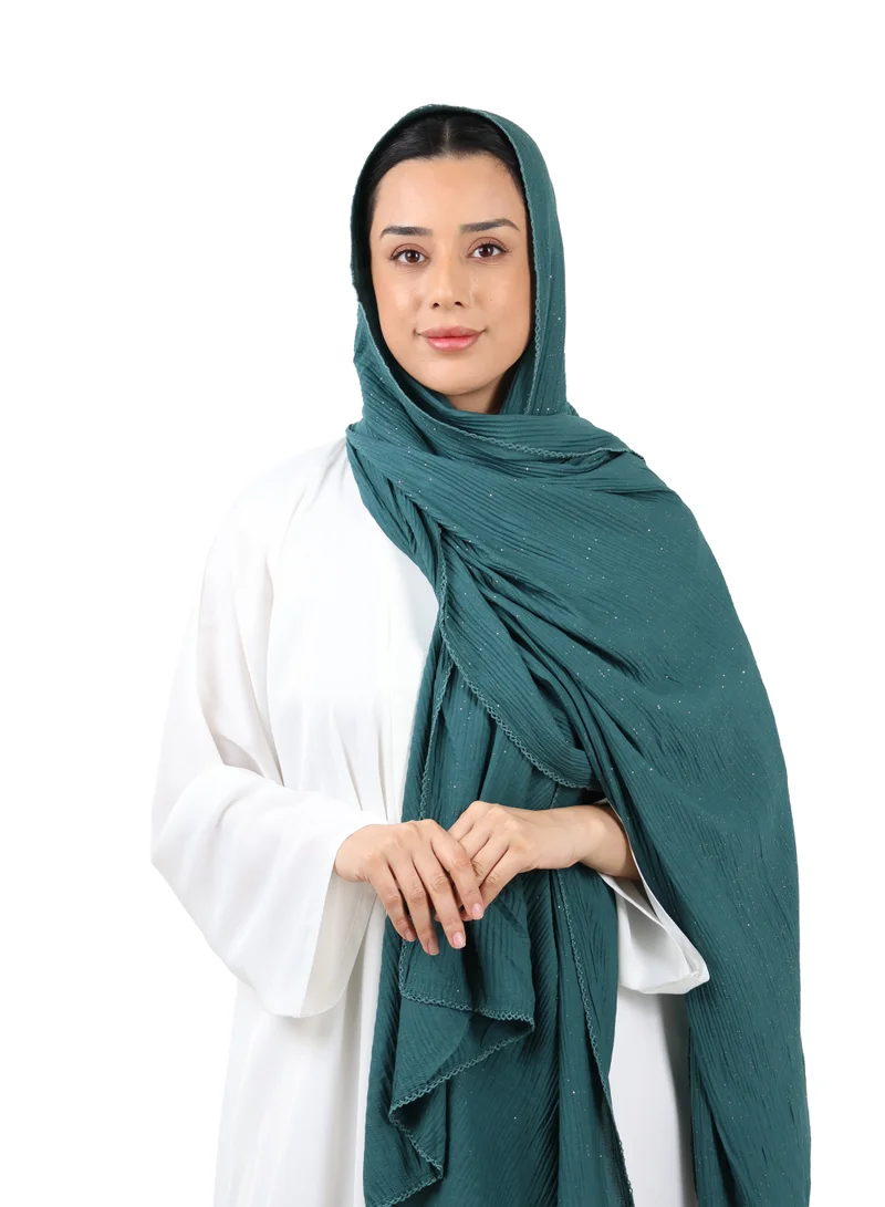 Crinkle Cotton Mix Scarf with Lace Trim & Shimmer (Deep Teal)