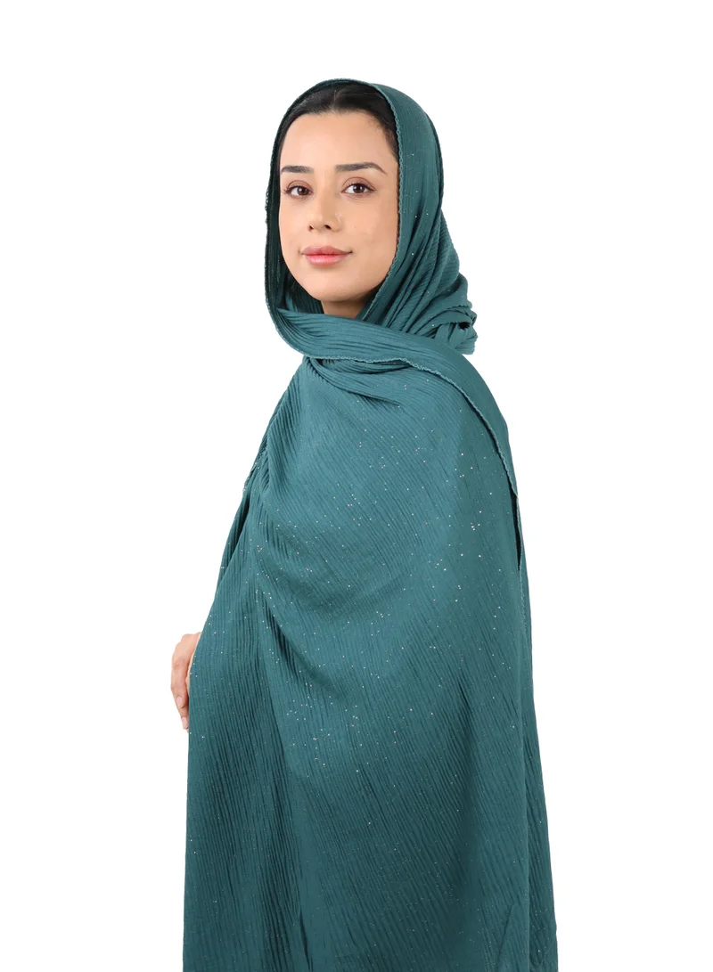 Jameela  Crinkle Cotton Mix Scarf with Lace Trim & Shimmer (Deep Teal) for Women | Best Price UAE