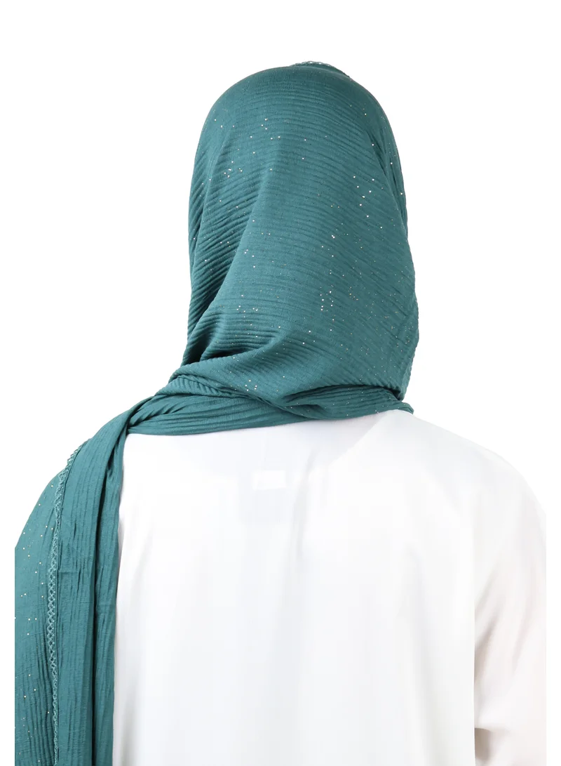 Jameela  Crinkle Cotton Mix Scarf with Lace Trim & Shimmer (Deep Teal) for Women | Best Price UAE
