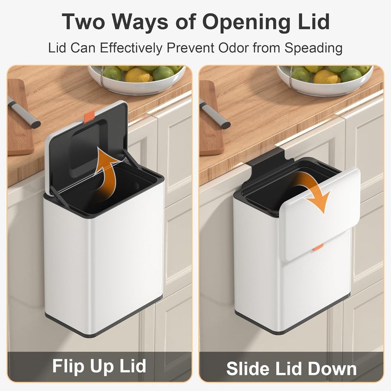 Mbillion Kitchen Compost Bin Hanging Trash Can with Lid 2.1 Gallon Stainless Steel Garbage Can for Kitchen Cabinet Door Mounted Trash Can Under Sink Door RV Bathroom,White - Image 3