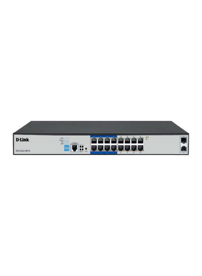 16-Port Gigabit PoE Switch with 2 SFP Uplink Ports, 150W Power Budget, 30W/Port, 250m PoE Extend, VLAN, QoS, Auto Recovery, 36Gbps Bandwidth, 26.8Mpps, Rackmount, Fanless, Metal Housing, Ideal for Surveillance & SMB Networks | DGS-F1210-18PS-E Grey