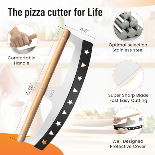 ZOCY Pizza Cutter Rocker with Wooden Handles & Protective Cover by Zocy, 16" Sharp Stainless Steel Pizza Slicer Wheel, Big Pizza Knife Cutters for Kitchen Tool (16inch) - Image 2