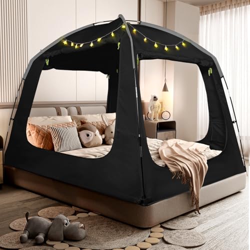 RIYDH Bed Tent Bed Canopy Breathable 100% for Adult and Kids Light Reduction Sleeping Dream Tents Indoor Portable Big Space with String Light 4 Doors Twin Full Queen King Size - Image 1