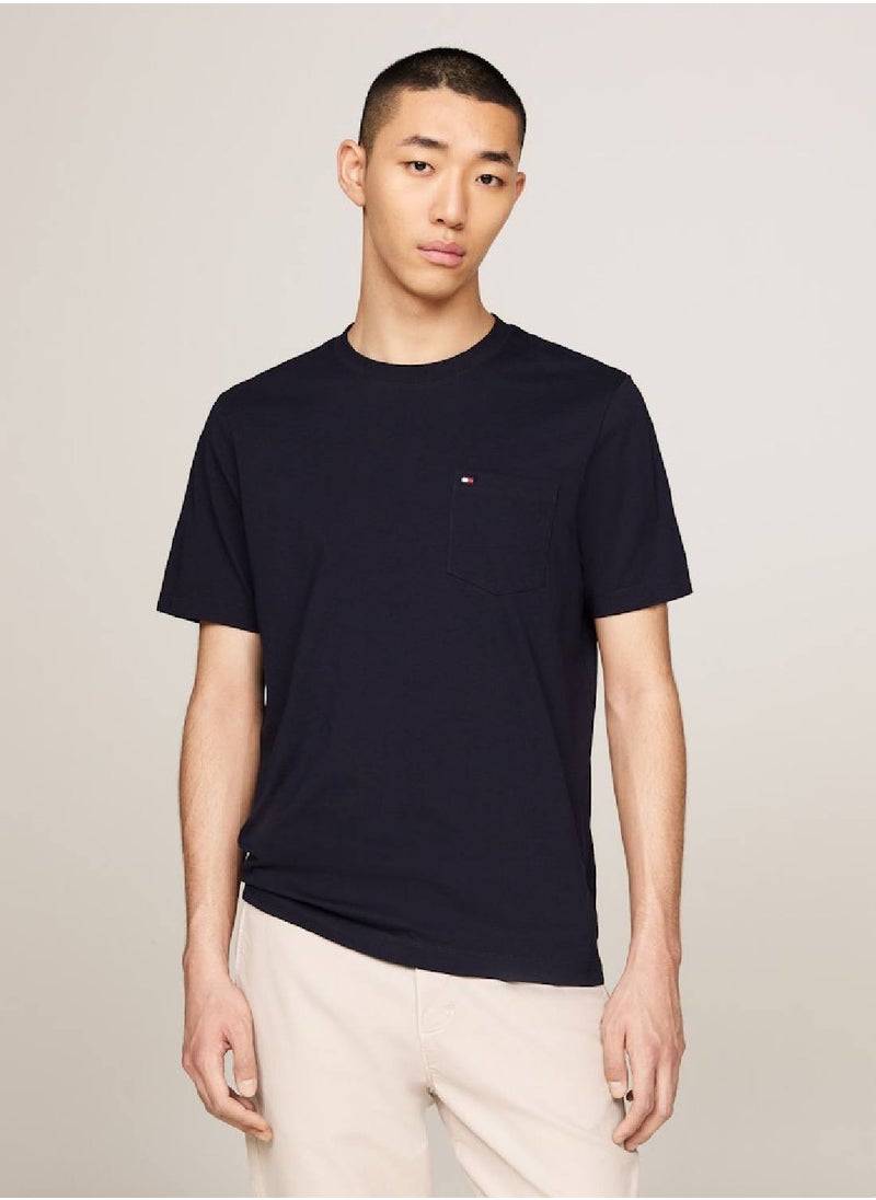 TOMMY HILFIGER Men's Crew Neck Patch Pocket T-Shirt -  Pure cotton, Blue  - Image 1
