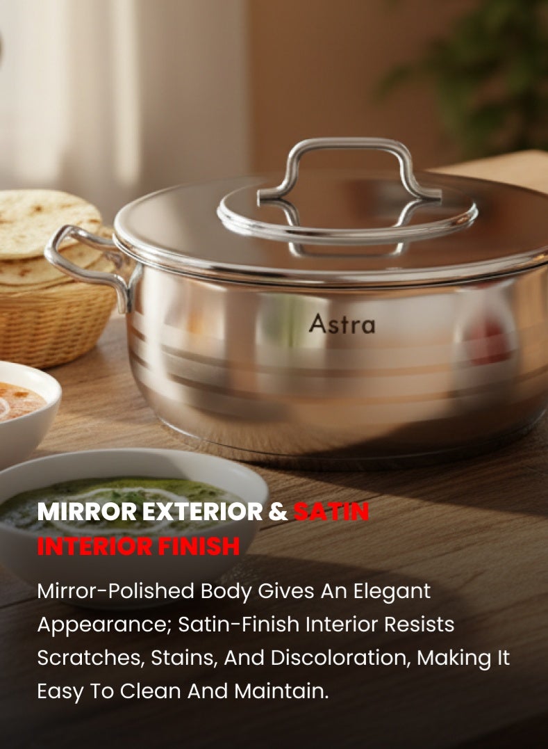 Astra Premium Stainless Steel Low Casserole 26 cm | 5.2 L Capacity | 18/10 Food‑Grade Steel | Triplex Capsule Bottom | Induction & Gas Compatible | With Lid - Image 5