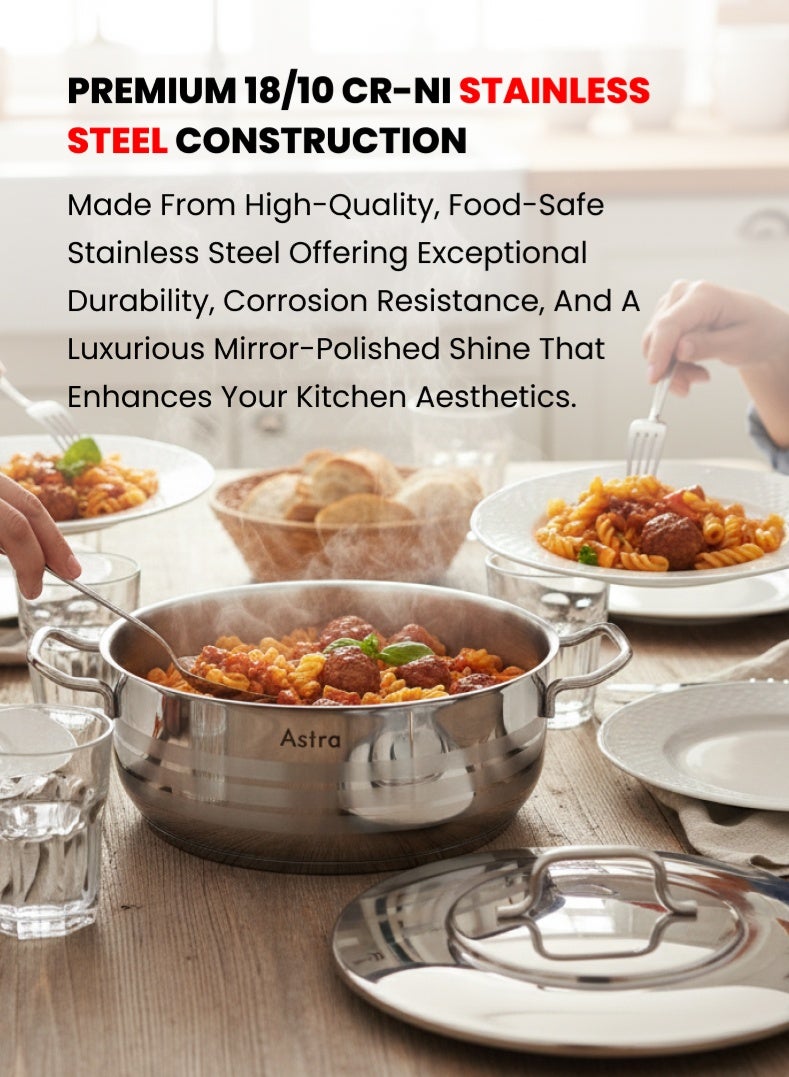 Astra Premium Stainless Steel Low Casserole 26 cm | 5.2 L Capacity | 18/10 Food‑Grade Steel | Triplex Capsule Bottom | Induction & Gas Compatible | With Lid - Image 1