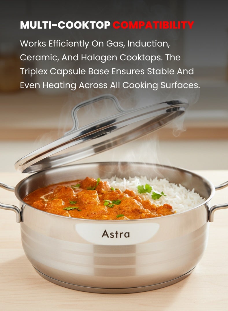 Astra Premium Stainless Steel Low Casserole 26 cm | 5.2 L Capacity | 18/10 Food‑Grade Steel | Triplex Capsule Bottom | Induction & Gas Compatible | With Lid - Image 3