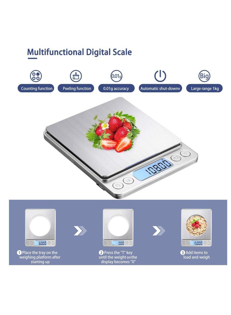 Multifunction Digital Kitchen Scale High Accuracy Electronic Food Weight, Measures in Grams and oz, for Baking, Cooking, Jewelry. LCD Display, Tare Function, 2 Trays. (3000g/0.01g) - Image 4